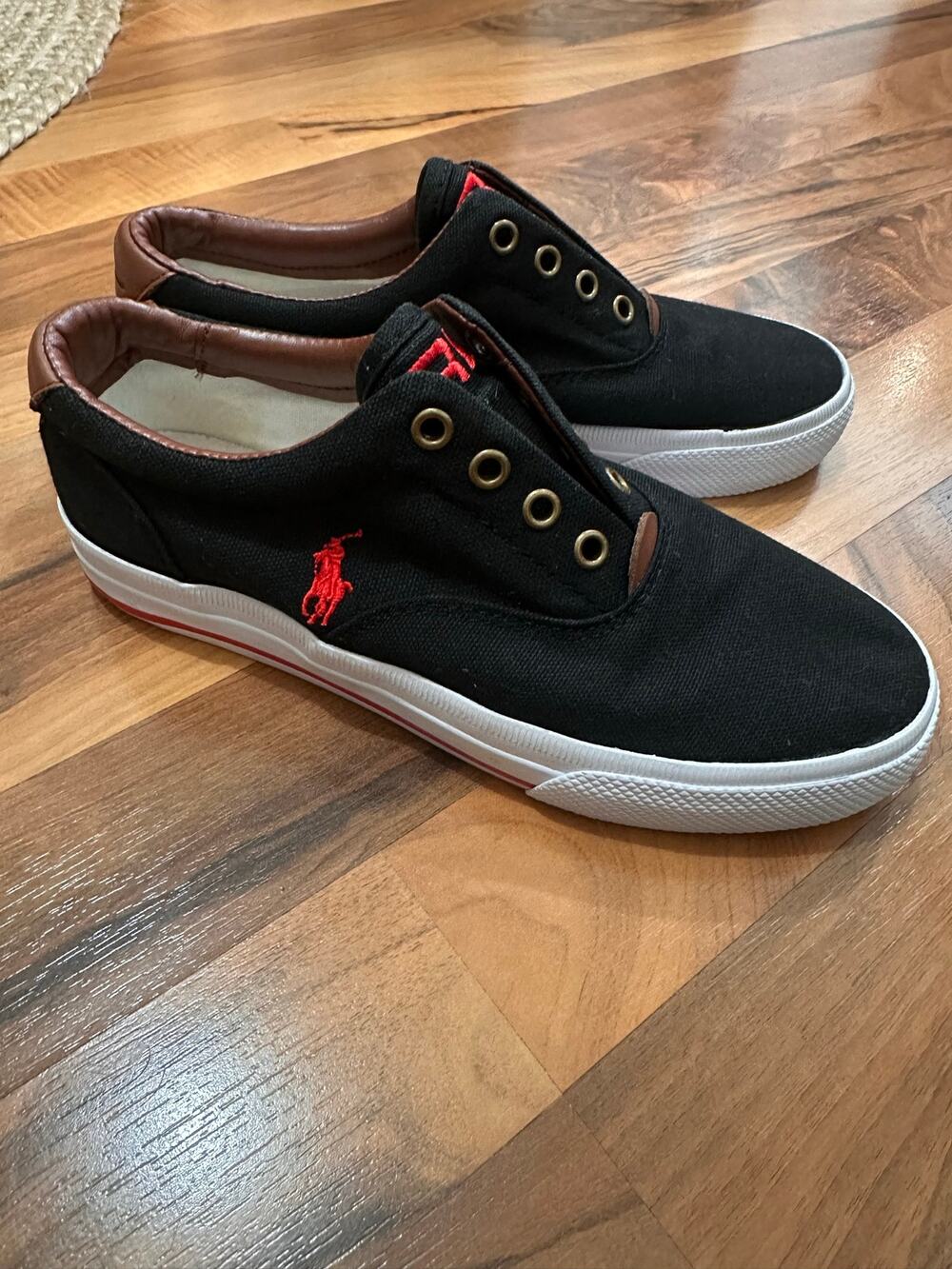 Ralph Lauren Canvass Slip-ons Black with Red Polo Logo Brown Leather Trim Size 5